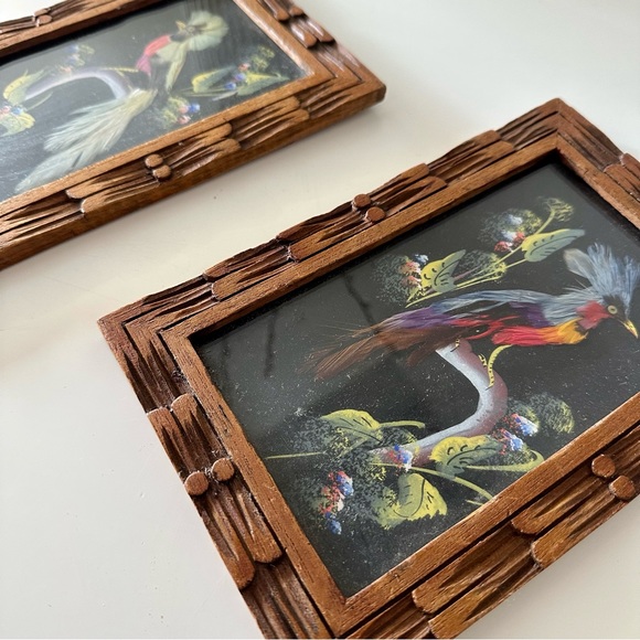 Vintage Bird Paintings Made With Feathers In Ornate Carved Wood Frames - Picture 6 of 7